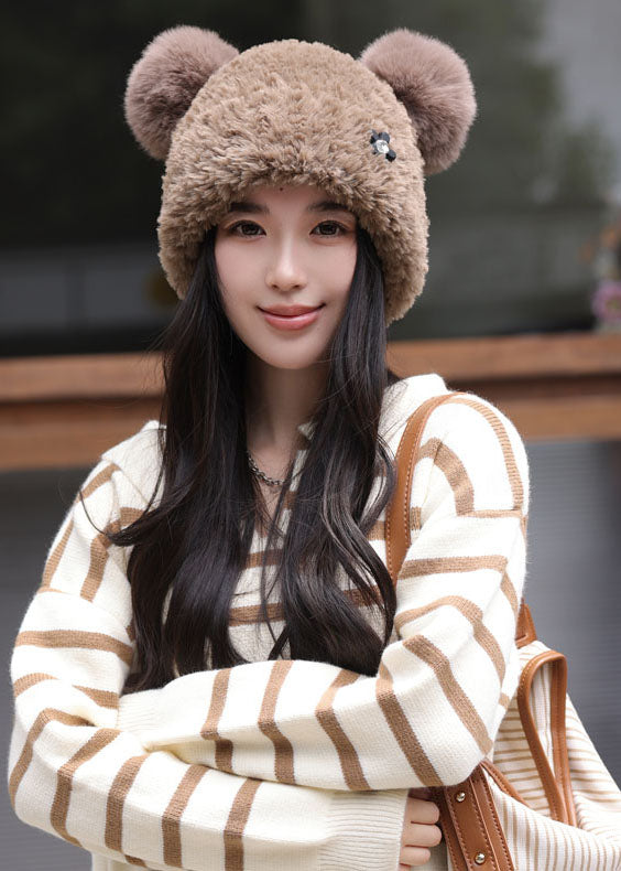 Boutique Khaki Warm Fleece Knitted Cotton Ear Protection Bonnie Hat