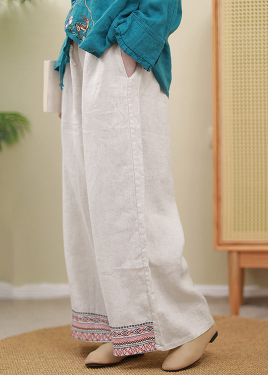 Boutique Linen colour elastic waist drawstring Embroideried Pockets Linen Pants Spring