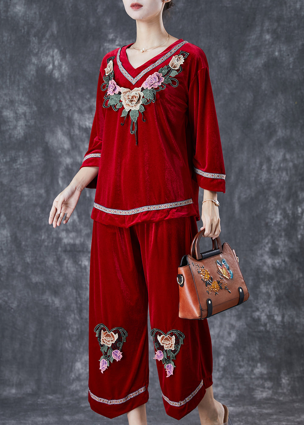Boutique Mulberry Embroideried Floral Silk Velour Two Piece Set Women Clothing Fall