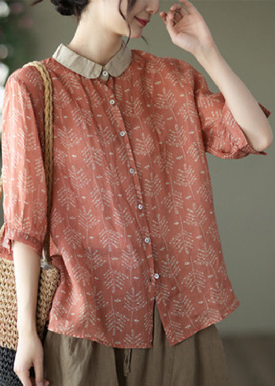 Boutique Orange Peter Pan Collar Print Button Linen Shirt Long Sleeve