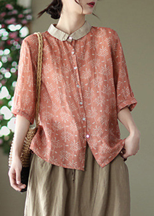 Boutique Orange Peter Pan Collar Print Button Linen Shirt Long Sleeve