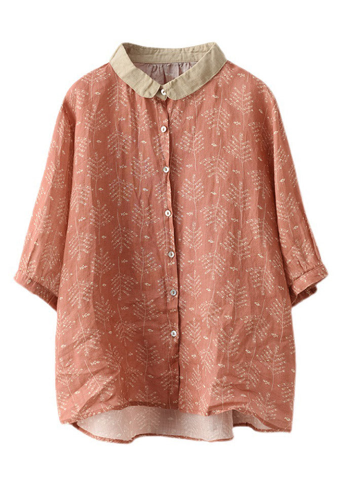 Boutique Orange Peter Pan Collar Print Button Linen Shirt Long Sleeve