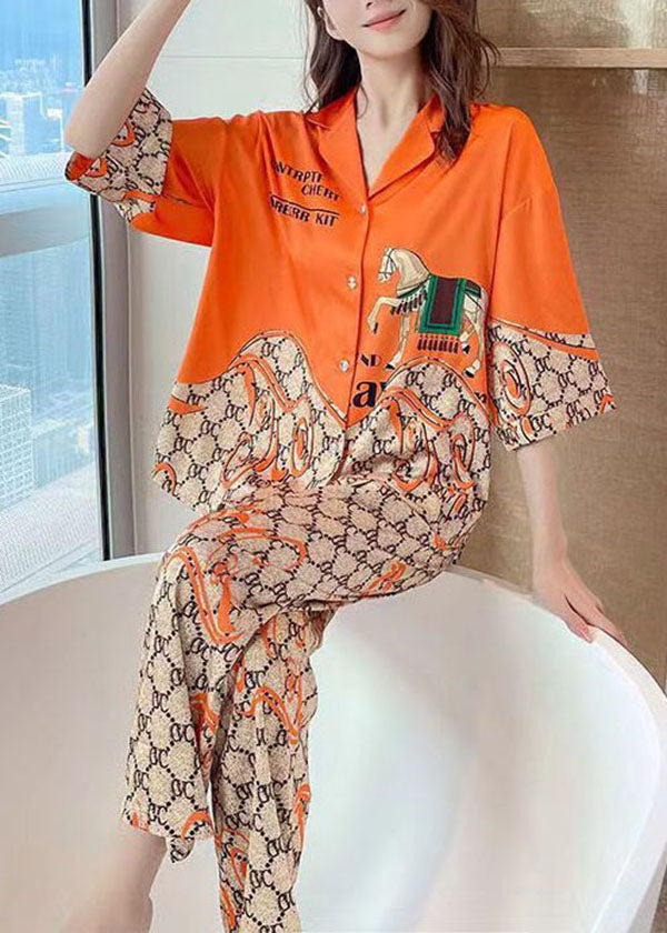 Boutique Orange Peter Pan Collar Print Ice Silk Pajamas Two Piece Set Summer