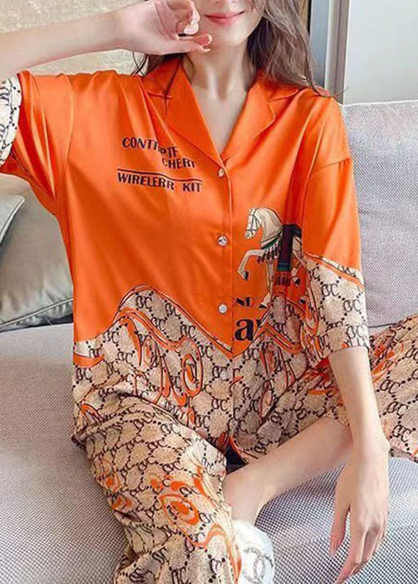 Boutique Orange Peter Pan Collar Print Ice Silk Pajamas Two Piece Set Summer