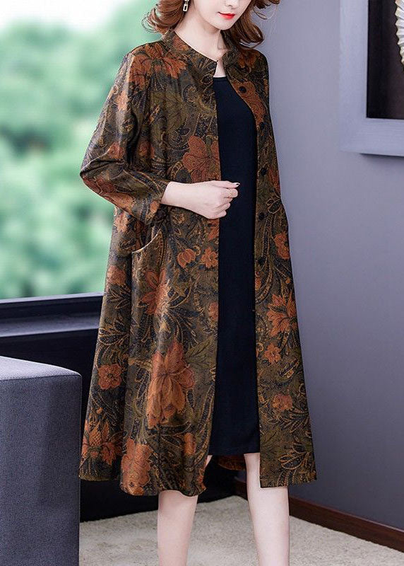 Boutique Orange Stand Collar Print Silk Trench Coats Fall