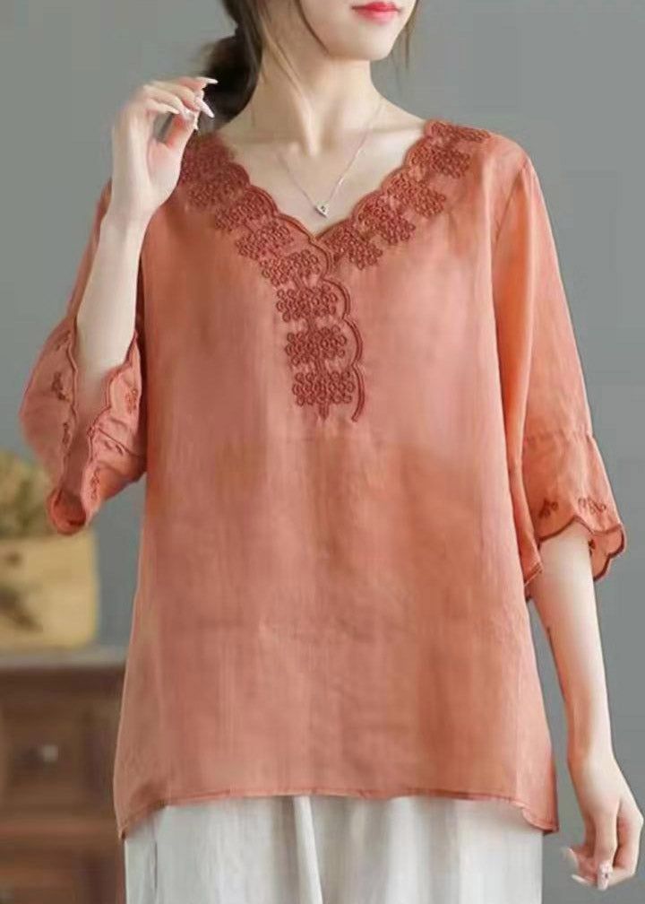 Boutique Orange V Neck Embroideried Linen Shirt Top Half Sleeve