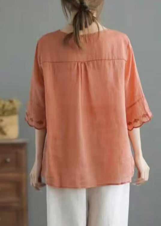 Boutique Orange V Neck Embroideried Linen Shirt Top Half Sleeve