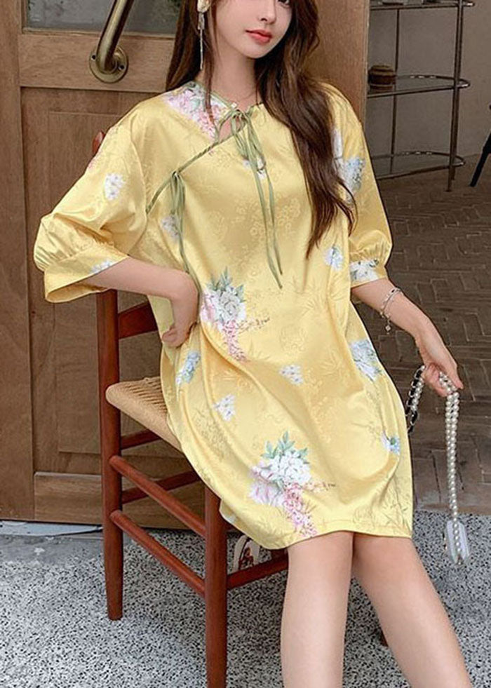 Boutique Oversized Print Lace Up Ice Silk Mid Dresses Half Sleeve