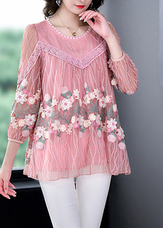 Boutique Pink Embroideried Floral Tulle Shirt Long Sleeve