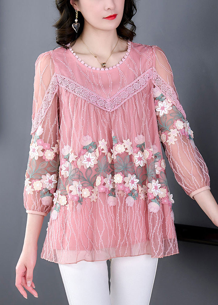 Boutique Pink Embroideried Floral Tulle Shirt Long Sleeve