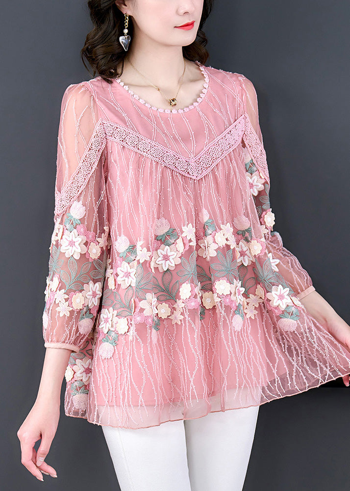 Boutique Pink Embroideried Floral Tulle Shirt Long Sleeve