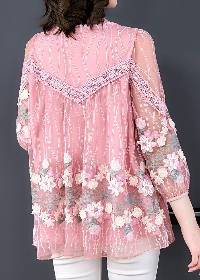 Boutique Pink Embroideried Floral Tulle Shirt Long Sleeve