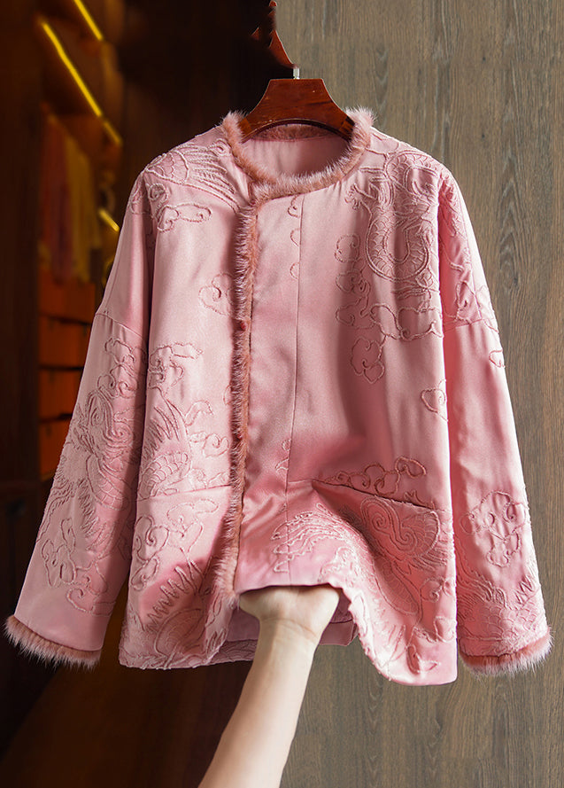 Boutique Pink Embroideried Mink Hair Patchwork Parka Winter