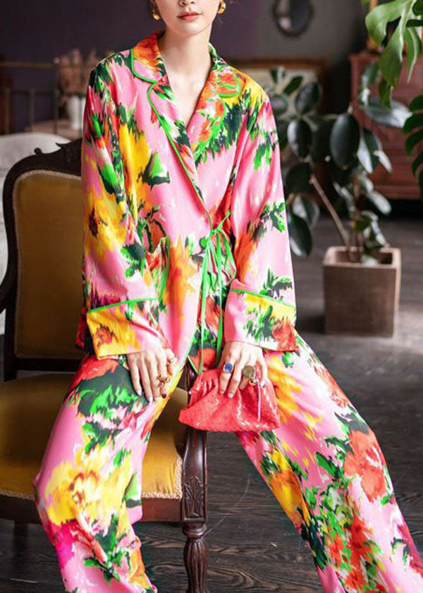 Boutique Pink Peter Pan Collar Patchwork Print Ice Silk Pajamas Two Pieces Set Spring