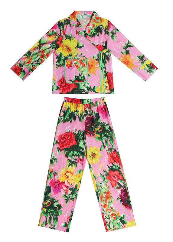 Boutique Pink Peter Pan Collar Patchwork Print Ice Silk Pajamas Two Pieces Set Spring