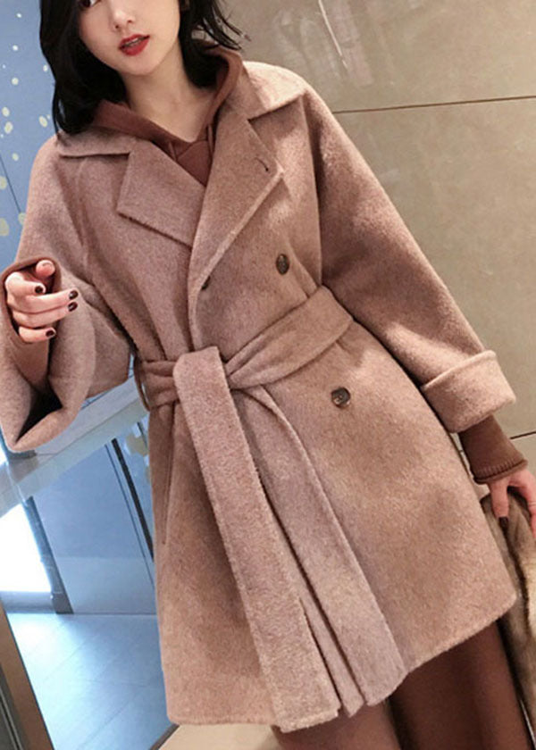 Boutique Pink Peter Pan Collar Sashes Bouble Breast Thick Woolen Coats Winter