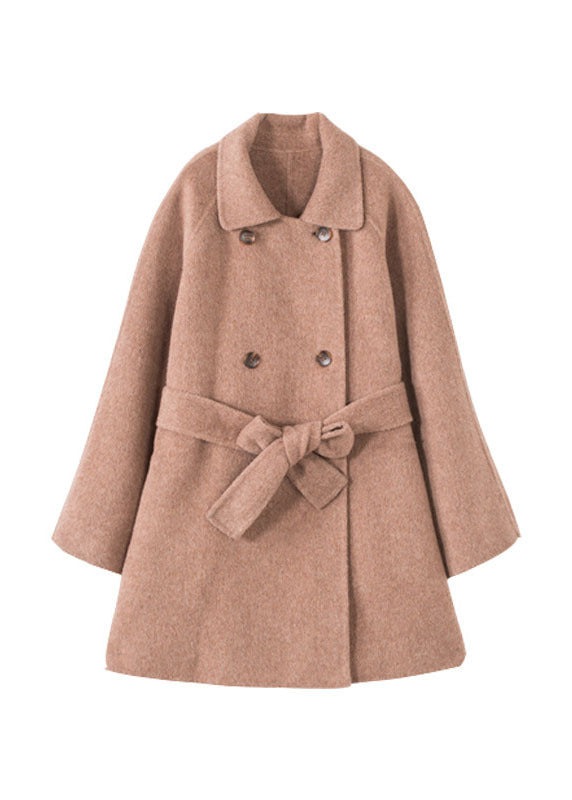 Boutique Pink Peter Pan Collar Sashes Bouble Breast Thick Woolen Coats Winter