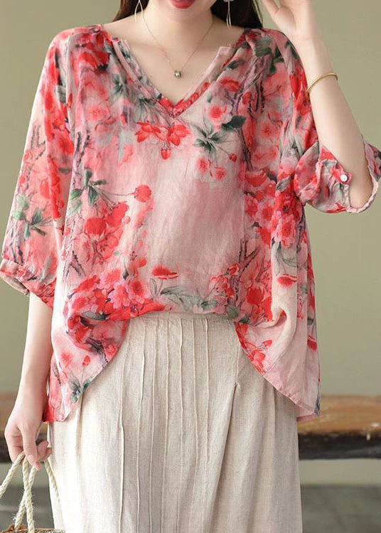 Boutique Pink V Neck Print Loose Fall Half Sleeve Blouses