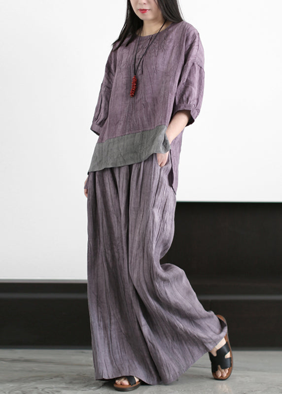 Boutique Purple Grey O-Neck Wrinkled Patchwork Linen Two Pieces Set Half Sleeve