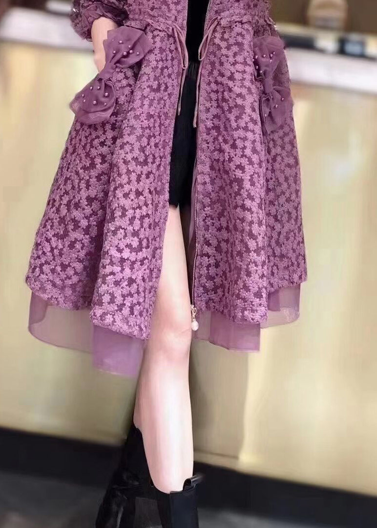Boutique Purple Hooded Pockets Drawstring Patchwork Lace Trench Fall