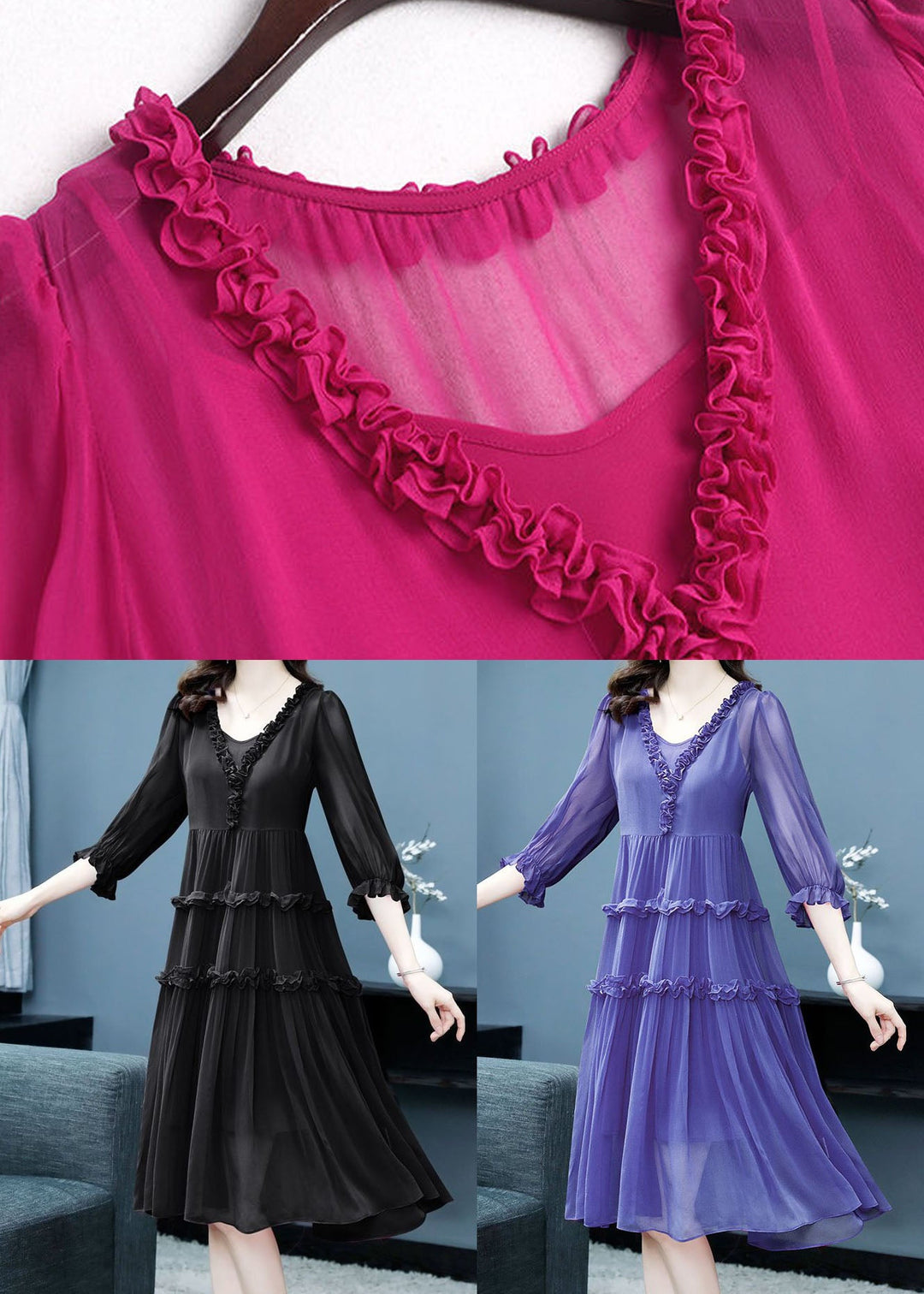 Boutique Purple Wrinkled V Neck Patchwork Silk Two Pieces Set Summer