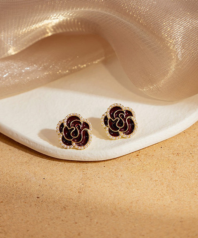 Boutique Red Alloy Pearl Zircon Floral Stud Earrings
