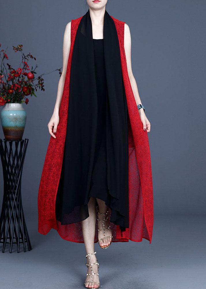 Boutique Red Asymmetrical Summer Maxi Waistcoat Sleeveless - Omychic