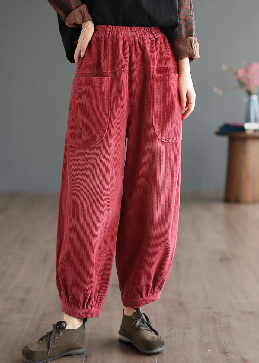 Boutique Red Elastic Waist Oversized Pockets Corduroy Pants Fall