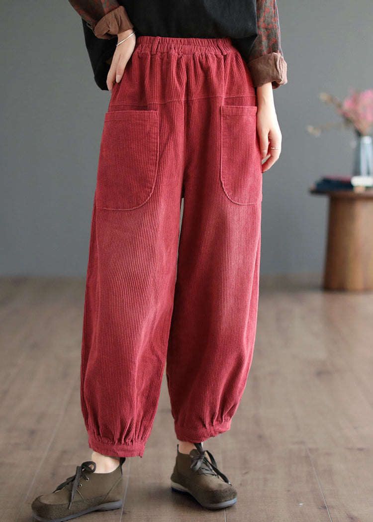 Boutique Red Elastic Waist Oversized Pockets Corduroy Pants Fall - Omychic