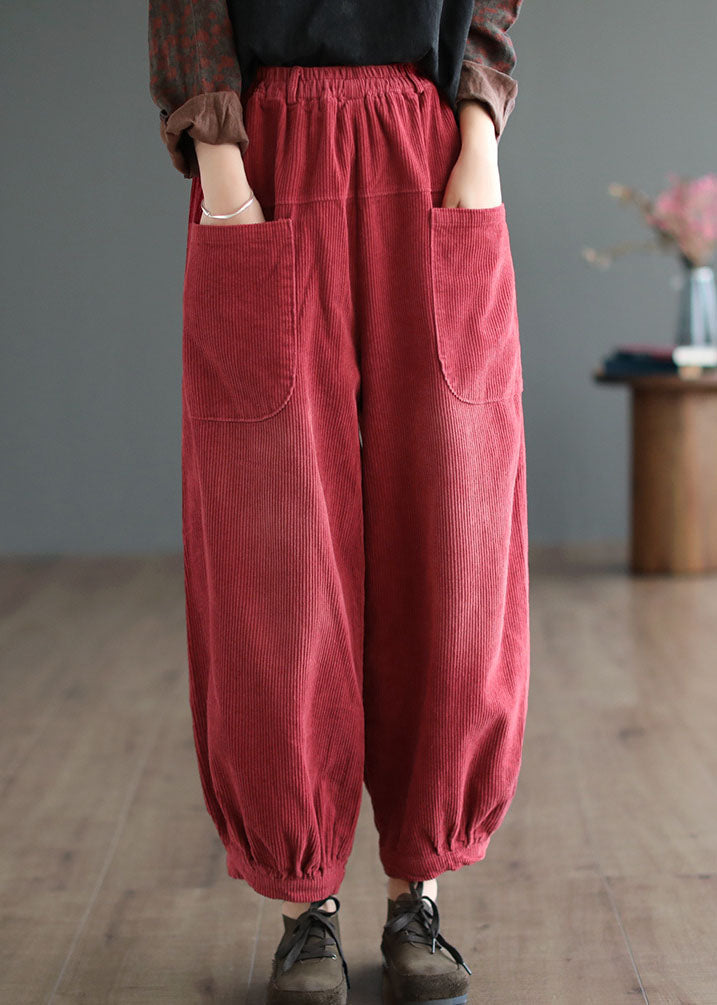 Boutique Red Elastic Waist Oversized Pockets Corduroy Pants Fall