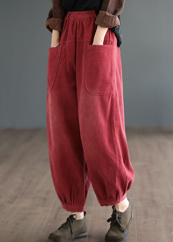 Boutique Red Elastic Waist Oversized Pockets Corduroy Pants Fall - Omychic