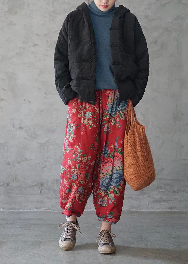 Boutique Red Elastic Waist Print Fine Cotton Filled Pants Winter