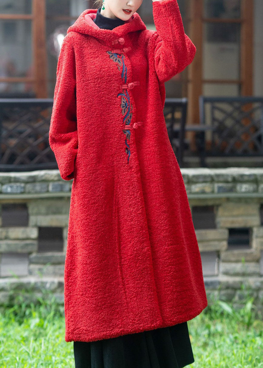 Boutique Red Hooded Embroideried Thick Teddy Faux Fur Lengthen Coats Winter