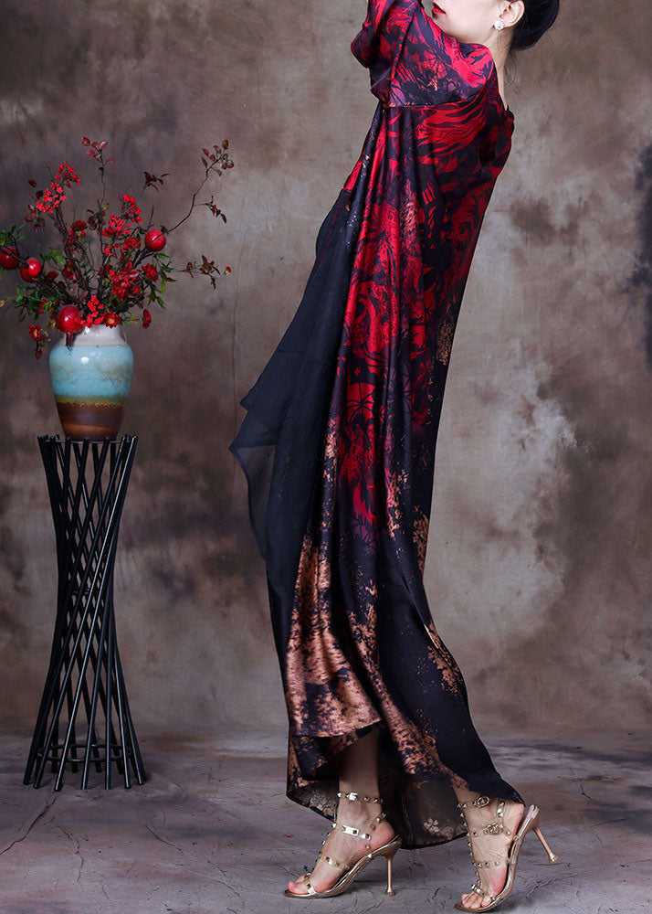 Boutique Red O-Neck Asymmetrical Design Patchwork Silk Long Dress Long Sleeve