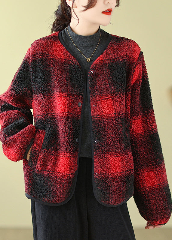 Boutique Red O-Neck Pockets Plaid Faux Fur Jackets Fall