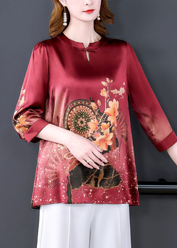 Boutique Red O-Neck Print Silk Women's Shirt Half Sleeve