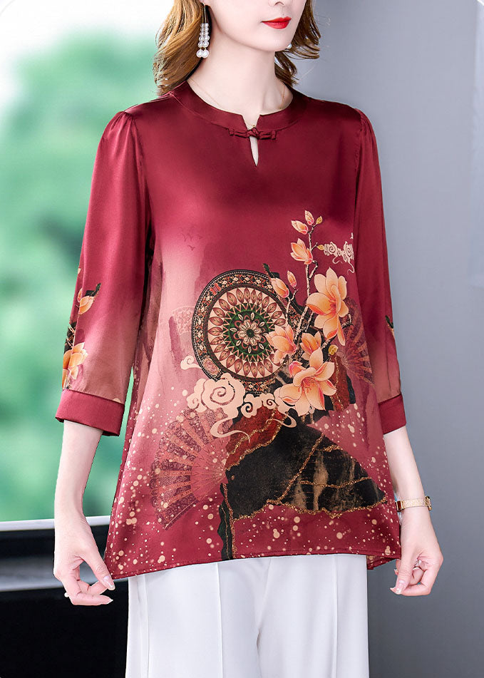 Boutique Red O-Neck Print Silk Women's Shirt Half Sleeve
