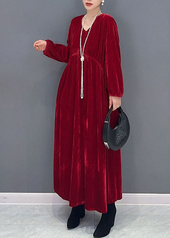 Boutique Red Patchwork Silk Velour Long Dresses Fall