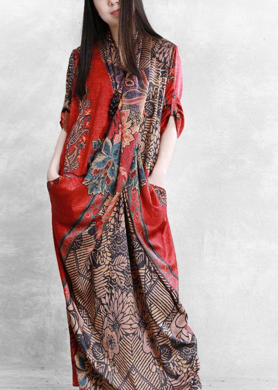 Boutique Red Pockets Patchwork Fall Asymmetrical Design Long Dresses Half Sleeve - Omychic