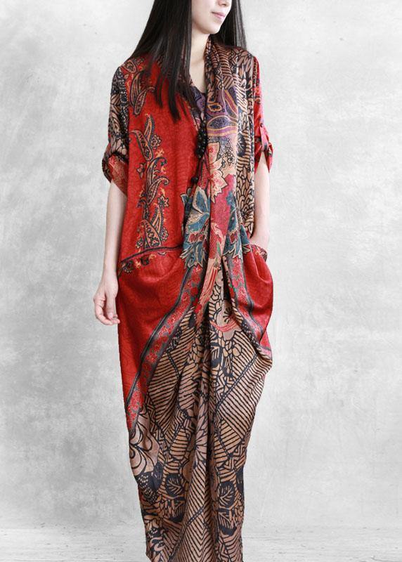 Boutique Red Pockets Patchwork Fall Asymmetrical Design Long Dresses Half Sleeve - Omychic