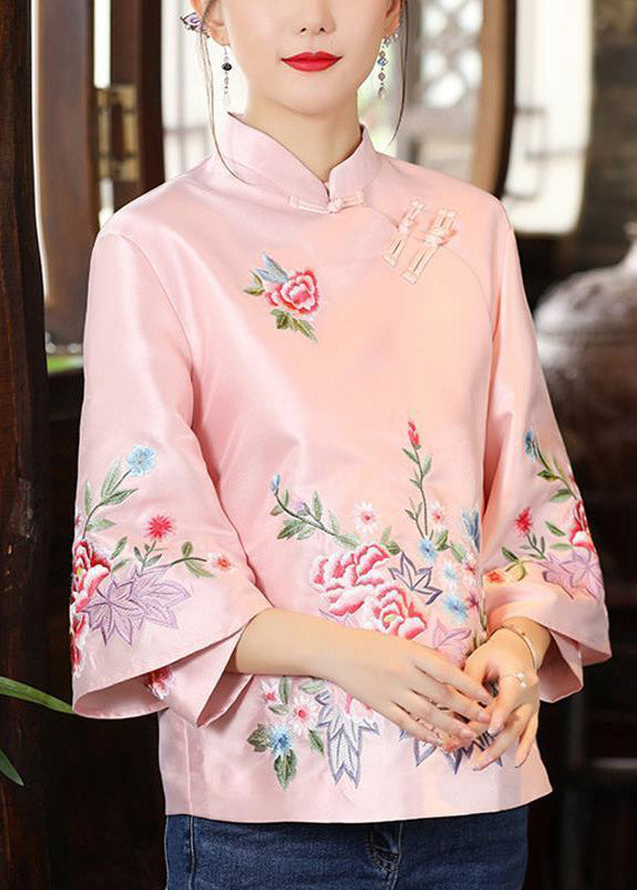 Boutique Red Stand Collar Embroidered Patchwork Button Shirts Long Sleeve