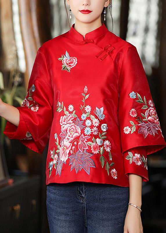 Boutique Red Stand Collar Embroidered Patchwork Button Shirts Long Sleeve