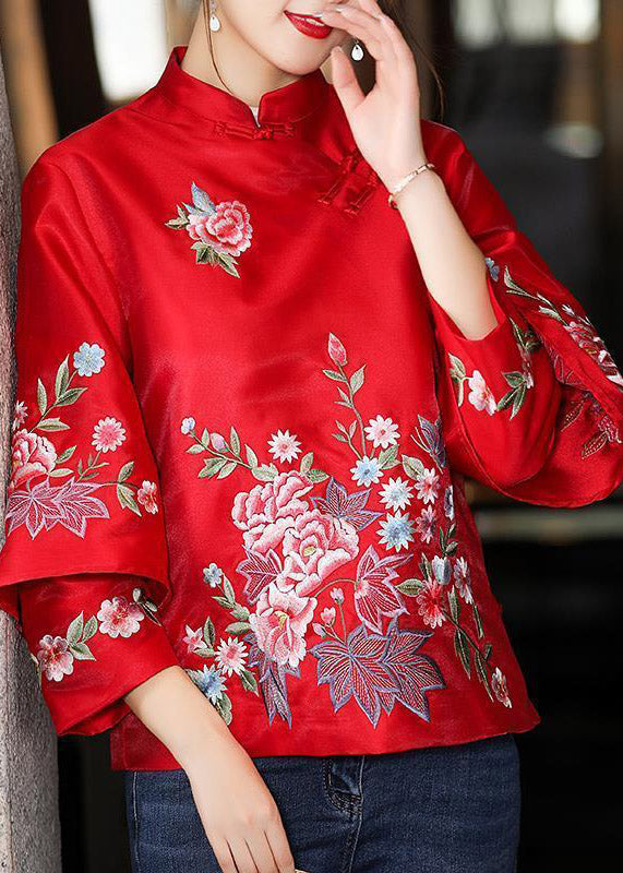 Boutique Red Stand Collar Embroidered Patchwork Button Shirts Long Sleeve