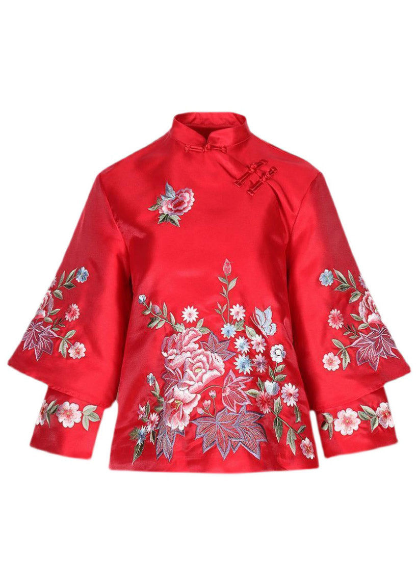 Boutique Red Stand Collar Embroidered Patchwork Button Shirts Long Sleeve