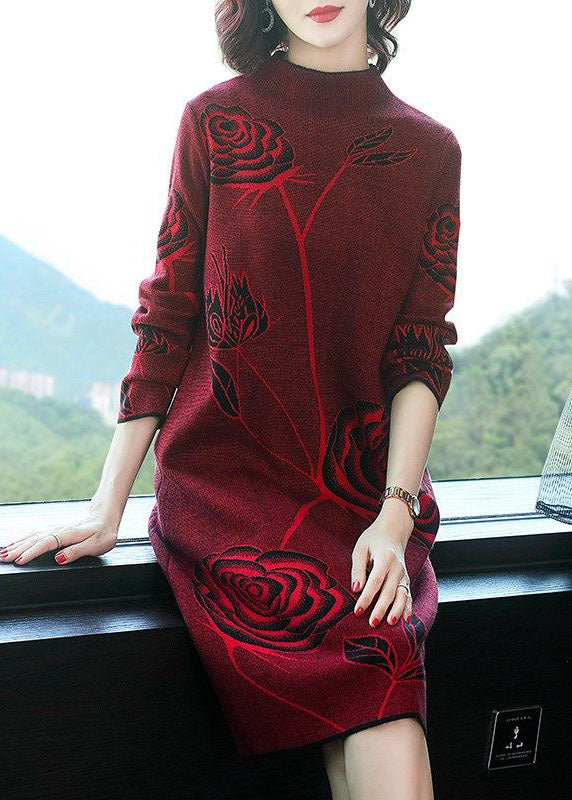 Boutique Red Turtle Neck Floral Print Knit Sweater Dresses Long Sleeve