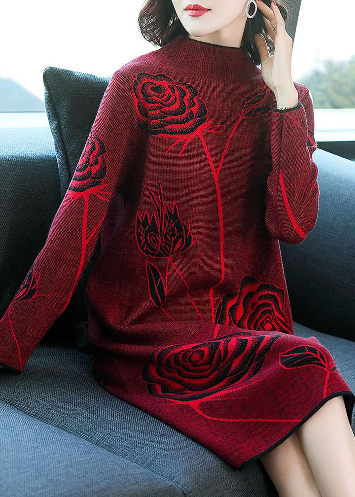 Boutique Red Turtle Neck Floral Print Knit Sweater Dresses Long Sleeve
