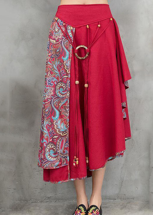 Boutique Red Wrinkled Tasseled Design Print Cotton Asymmetrical Skirts Spring