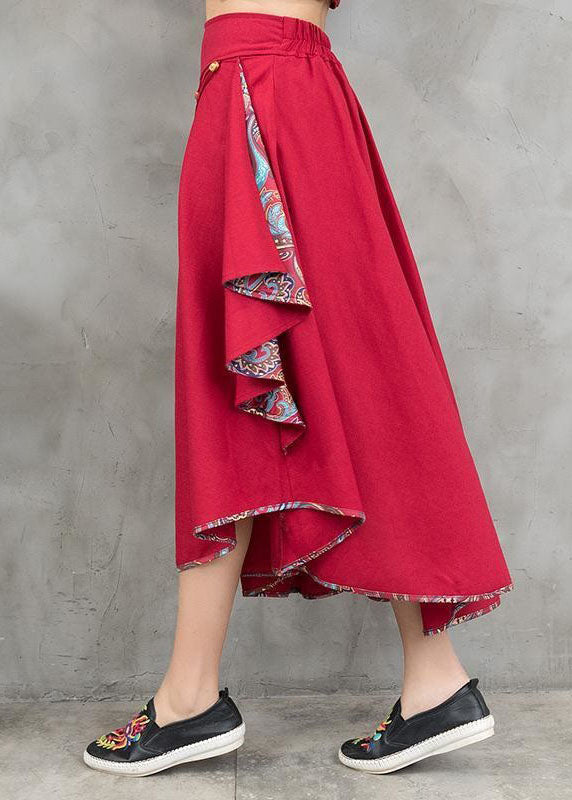 Boutique Red Wrinkled Tasseled Design Print Cotton Asymmetrical Skirts Spring