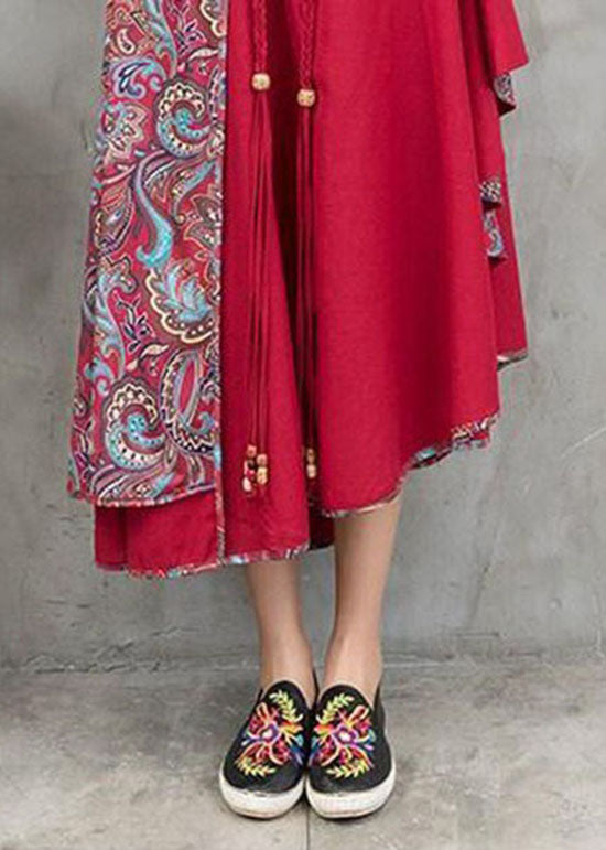 Boutique Red Wrinkled Tasseled Design Print Cotton Asymmetrical Skirts Spring