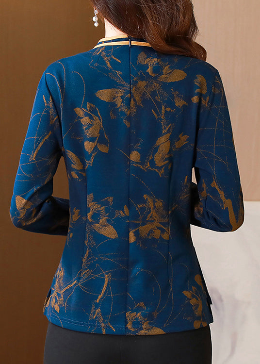 Boutique Retro Blue Asymmetrical Print Cotton Shirt Top Spring